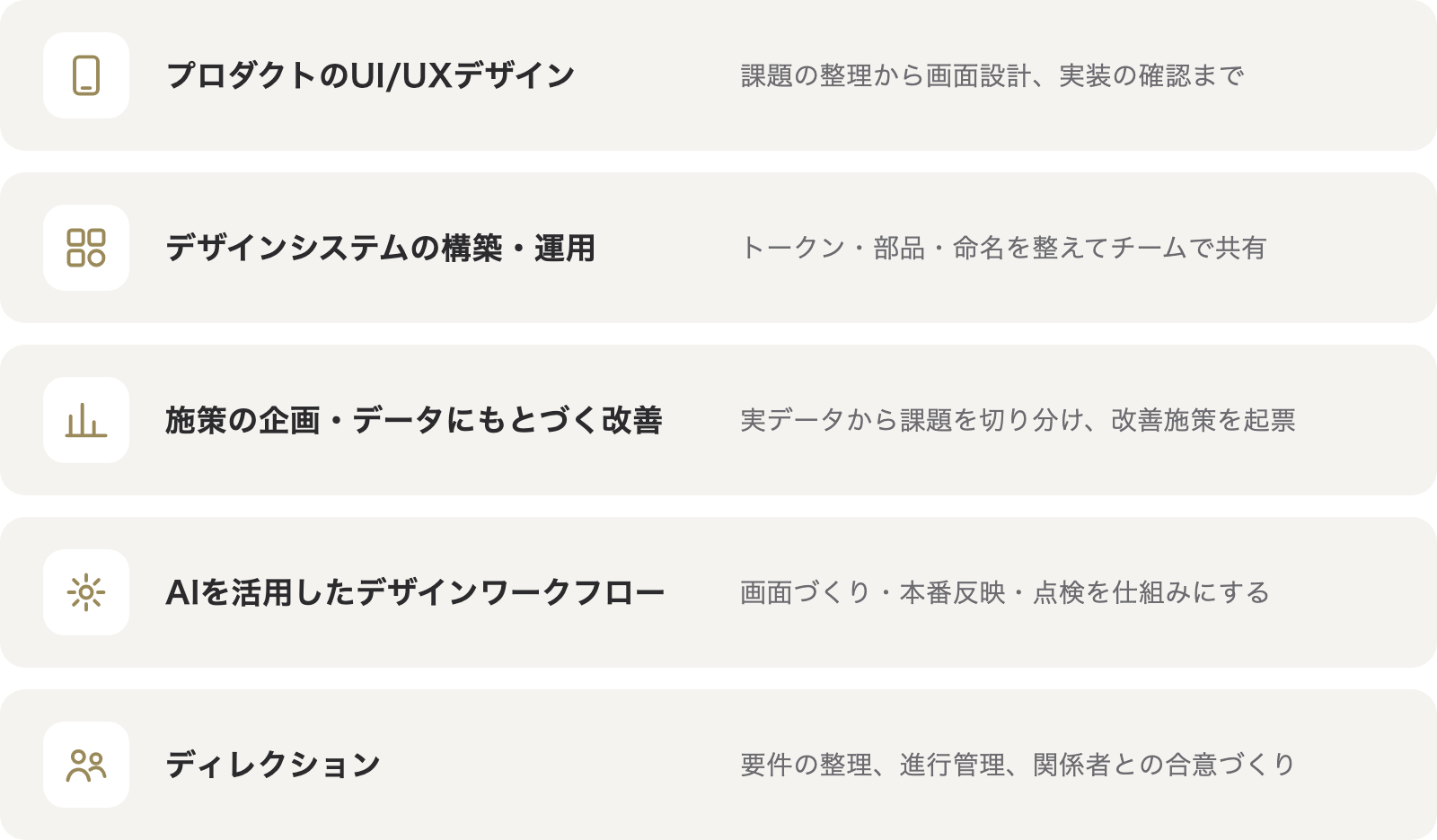 できること:プロダクトのUI/UXデザイン、デザインシステムの構築・運用、施策の企画・データにもとづく改善、AIを活用したデザインワークフロー、ディレクション
